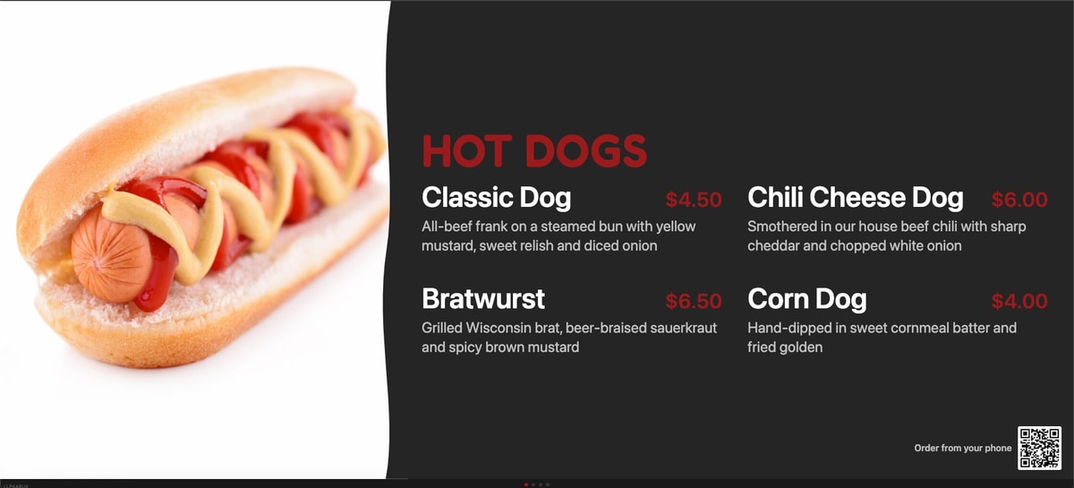 A BlazeBite menu board with a photo of a hot dog beside the hot dogs menu, four items with prices and a line under each