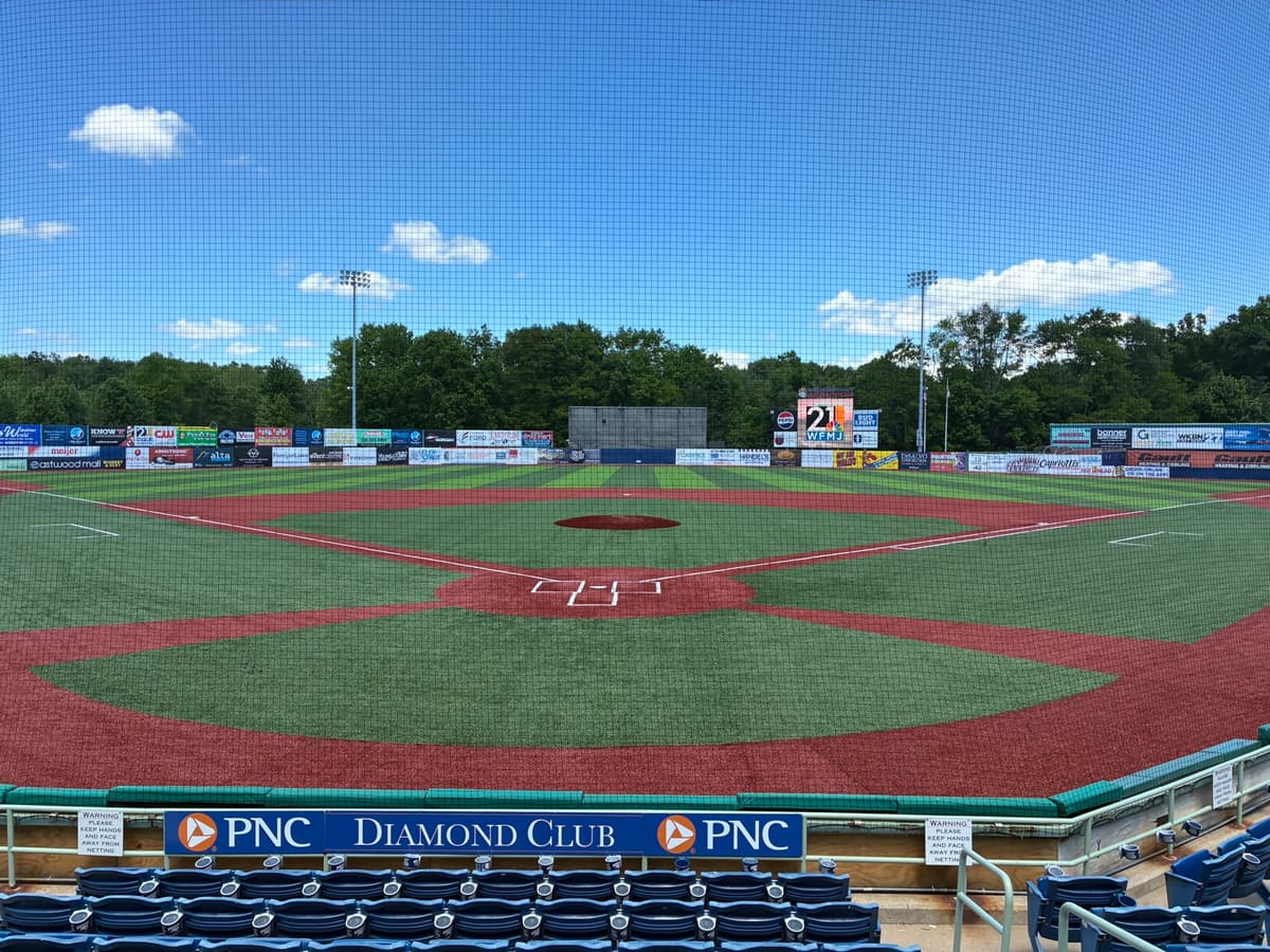A minor league ballpark seen from the stands on a clear day