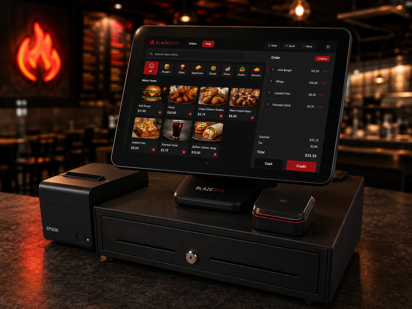 BlazeBite POS system with terminal, printer, and card reader