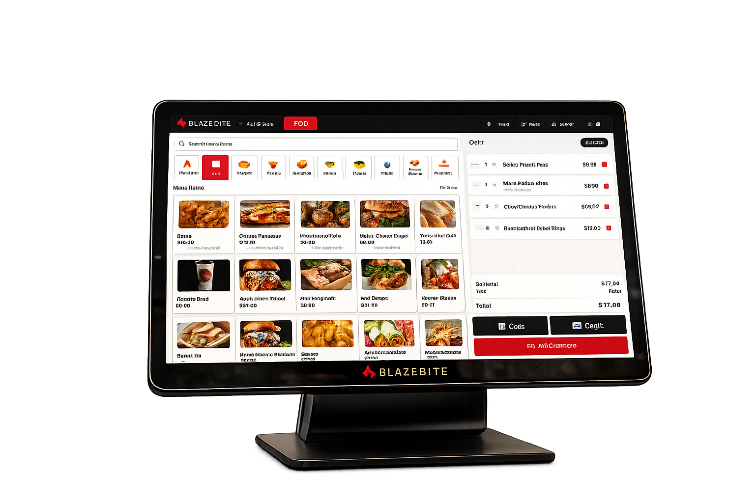 BlazeBite POS terminal displaying the concessions ordering menu