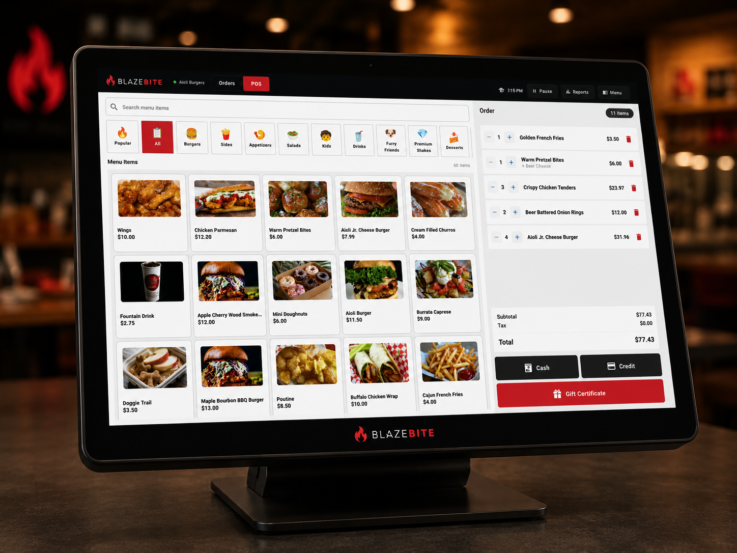 BlazeBite POS terminal displaying the concessions ordering menu