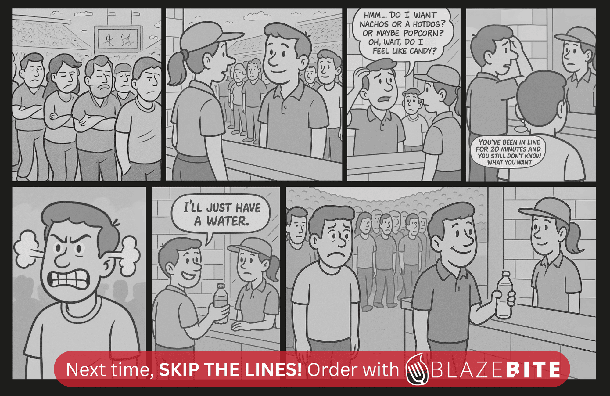 Comic strip showing the frustration of waiting in long concession lines - Next time, skip the lines with BlazeBite!