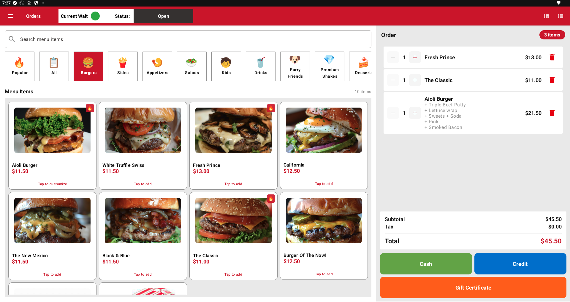 BlazeBite POS terminal showing menu management screen