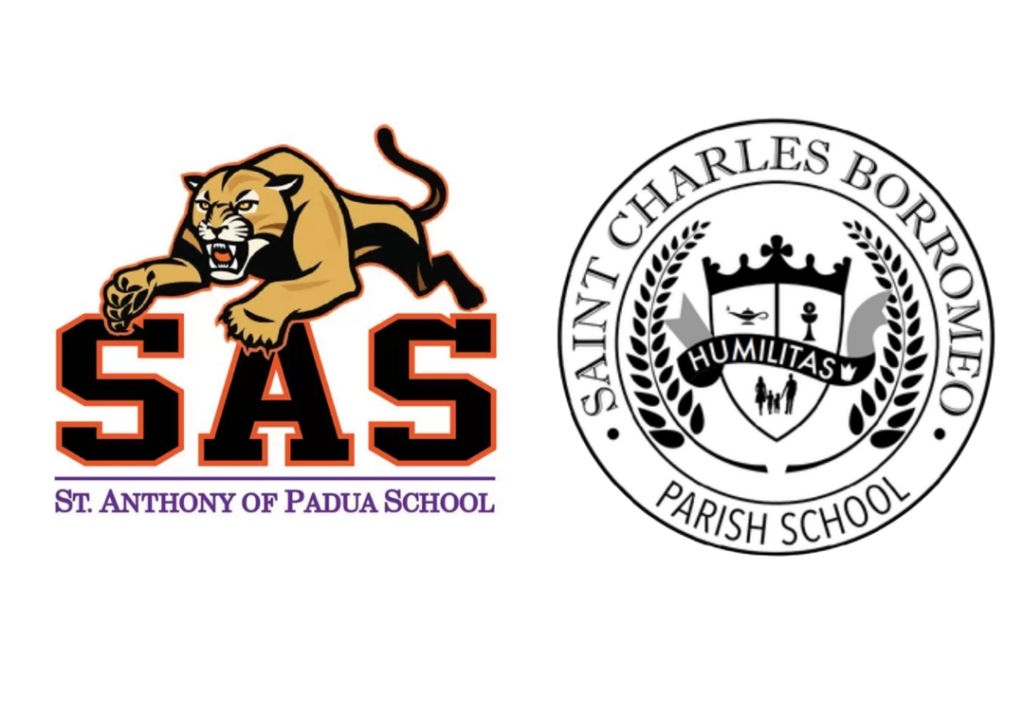 Logos of St. Anthony of Padua School and Saint Charles Borromeo Parish School. The St. Anthony logo features a pouncing cougar above the initials 'SAS,' with the school name below. The Saint Charles logo displays a crest with the word 'Humilitas' surrounded by laurel leaves and the school name encircling the crest.