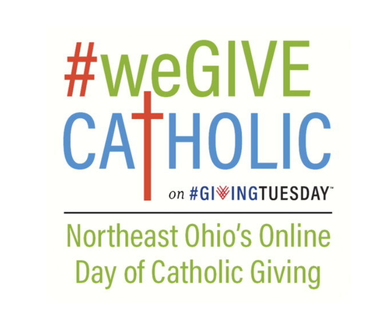 Logo for #weGIVECATHOLIC, featuring the campaign name with a red cross integrated into the word 'CATHOLIC.' Below, it reads 'on #GivingTuesday' and 'Northeast Ohio’s Online Day of Catholic Giving.